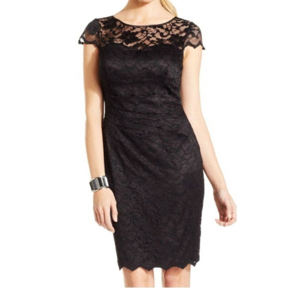 Eliza J black lace cap sleeved rouched cocktail dress size 10.
